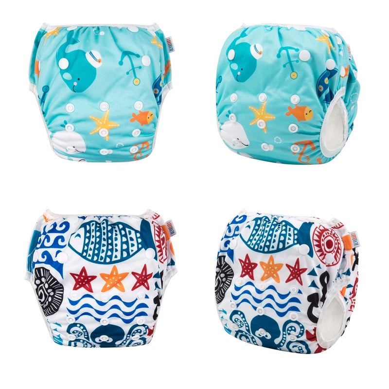 ALVABABY 2pcs Swim Diapers Baby & Toddler Snap One Size Reusable Adjustable Baby Boy Cartoon Fish Small DYK05-06 - Image 2